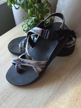 Chaco Women's Black Sandals with Blue and Tan Patterned Straps